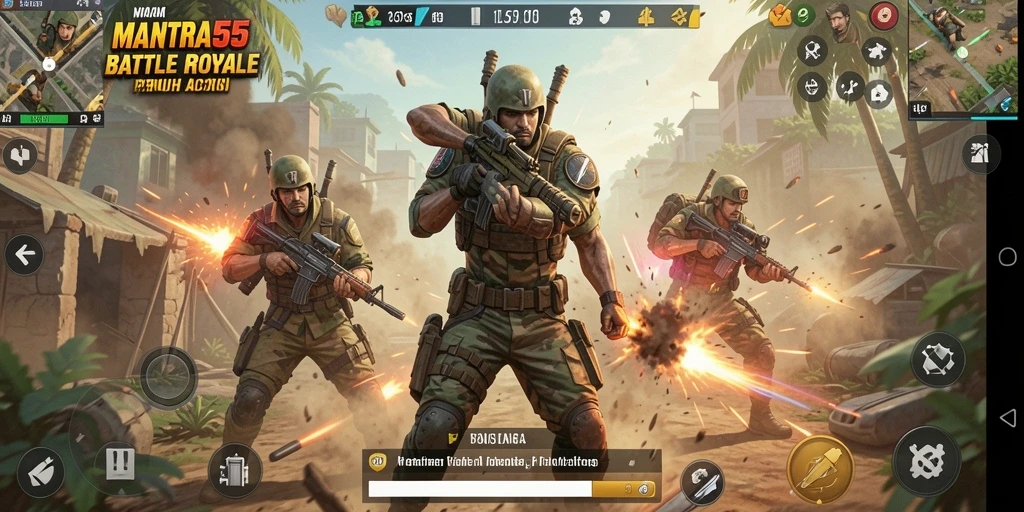 Screenshot gameplay <strong>MANTRA55</strong> menampilkan momen beraksi di medan perang Battle Royale.