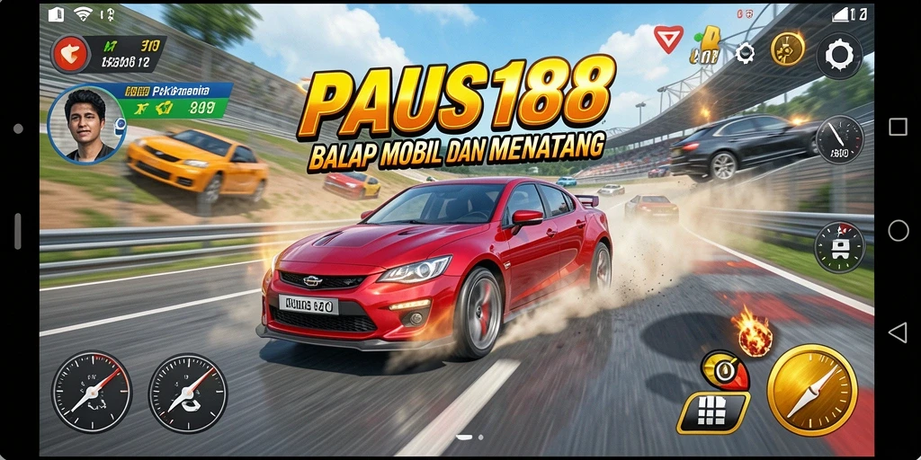 Screenshot gameplay PAUS188 menunjukkan aksi balap mobil yang mendebarkan.