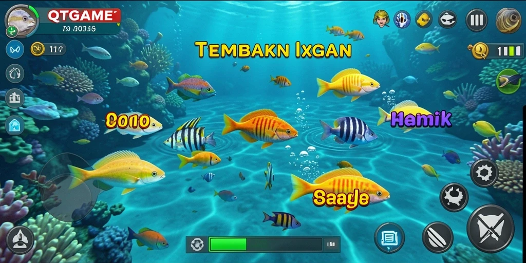 Screenshot gameplay seru Tembak Ikan QTGAME dengan berbagai jenis ikan.